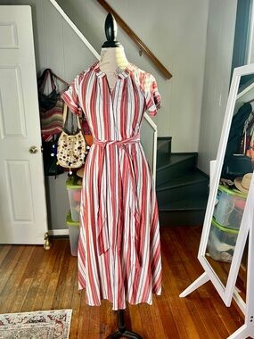 LOFT Red and White Striped Belted Maxi Dress